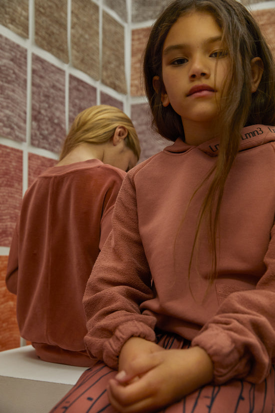  girl in lmn3 kids hoodie in brick color