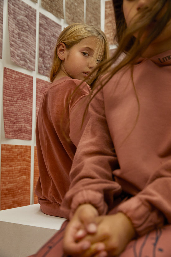  girl in lmn3 kids hoodie in brick color